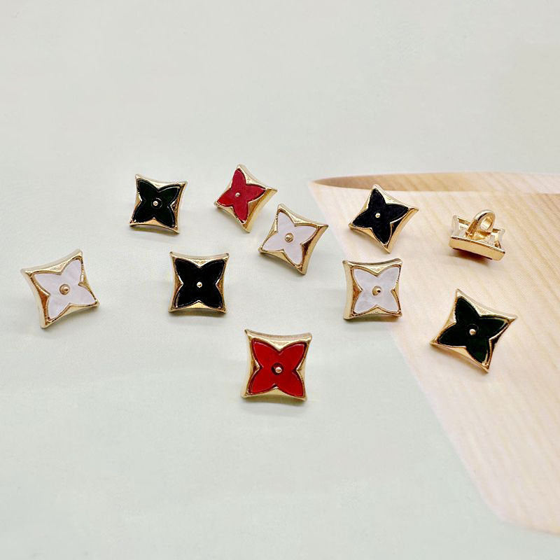 Rhombus enamel shirt buttons with four-leaf clover, red/black/white designs, metal shank