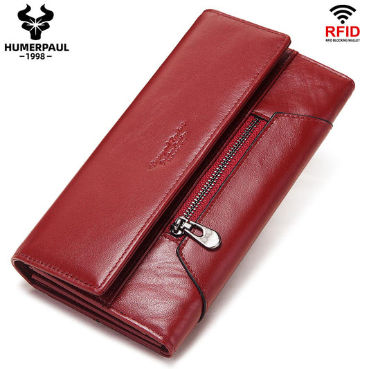 Genuine Leather Long Wallet for Women RFID Clutch Red