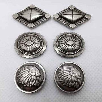 Vintage diamond stud rivets: antique silver square caps with striped border and cross