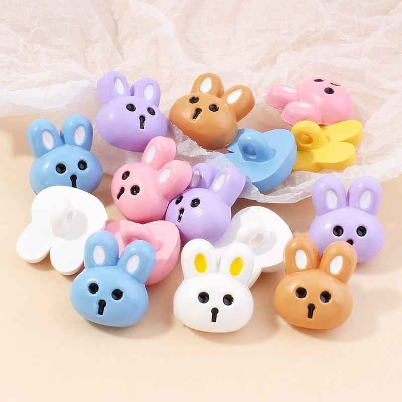 Mixed rabbit-face resin shank buttons in pastel colors, 15mm, multiple bunny styles