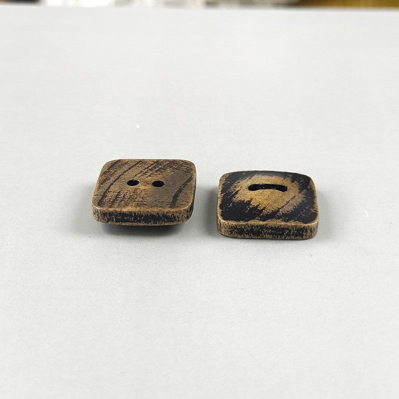 Square 2-hole wood button with distressed coffee-brown face