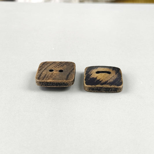 Square 2-hole wood button with distressed coffee-brown face