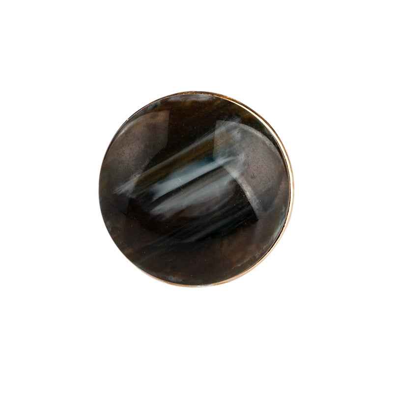 Charcoal gray round resin button with metal backing and shank