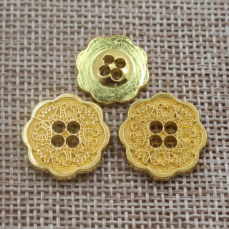 Gold-tone vintage floral 4-hole alloy button with detailed round filigree