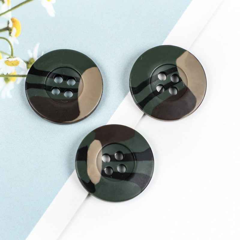 Camouflage resin buttons, green, 4-hole shank, 3 pcs shown