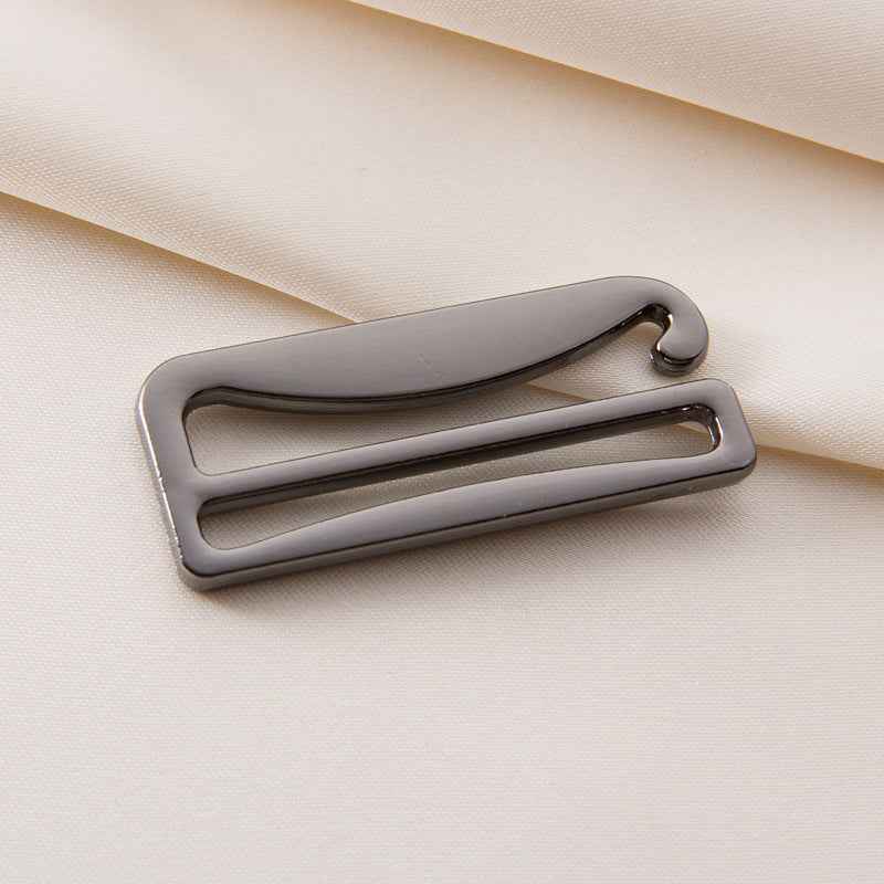 Bra strap adjuster with light frame and sliding bar, curved top hook detail