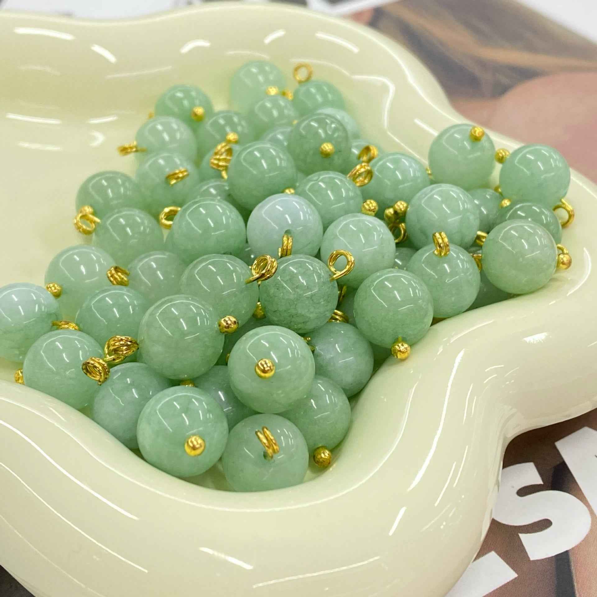 Natural jade buttons, pale mint green, gold loops, 10mm round Chinese style
