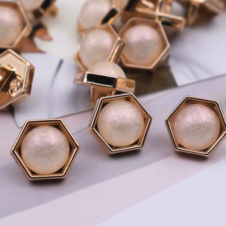 10mm pearl shirt buttons with gold-tone octagonal frames and pale pearl centers