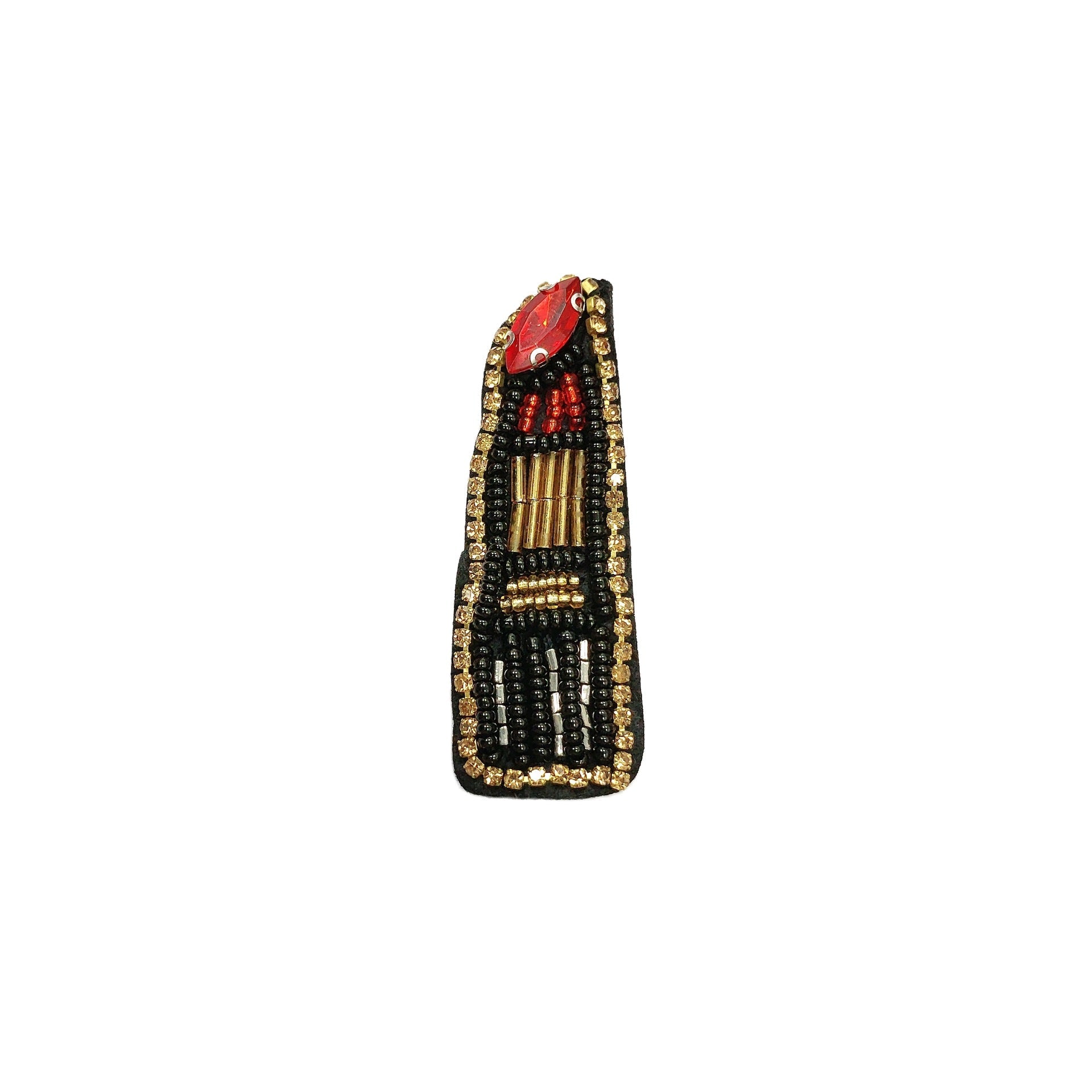 Black rhinestone lipstick tube patch with red top and gold bead details