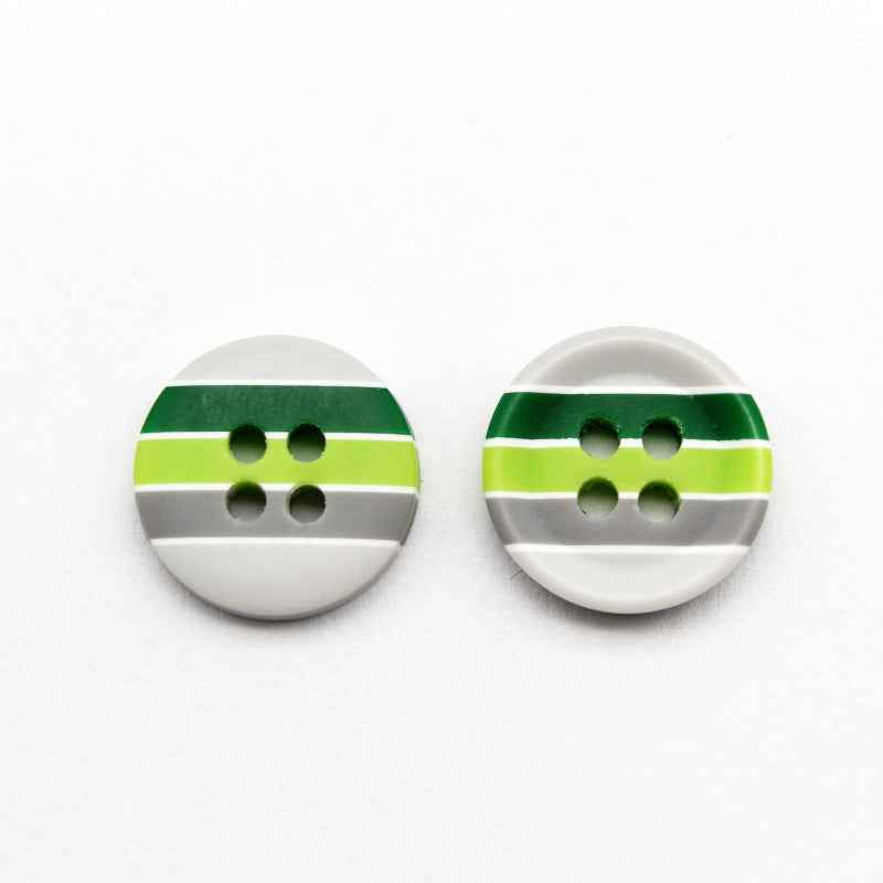 Round resin buttons for kids: green and yellow stripes, four holes, 12.5mm