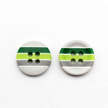 Round resin buttons for kids: green and yellow stripes, four holes, 12.5mm