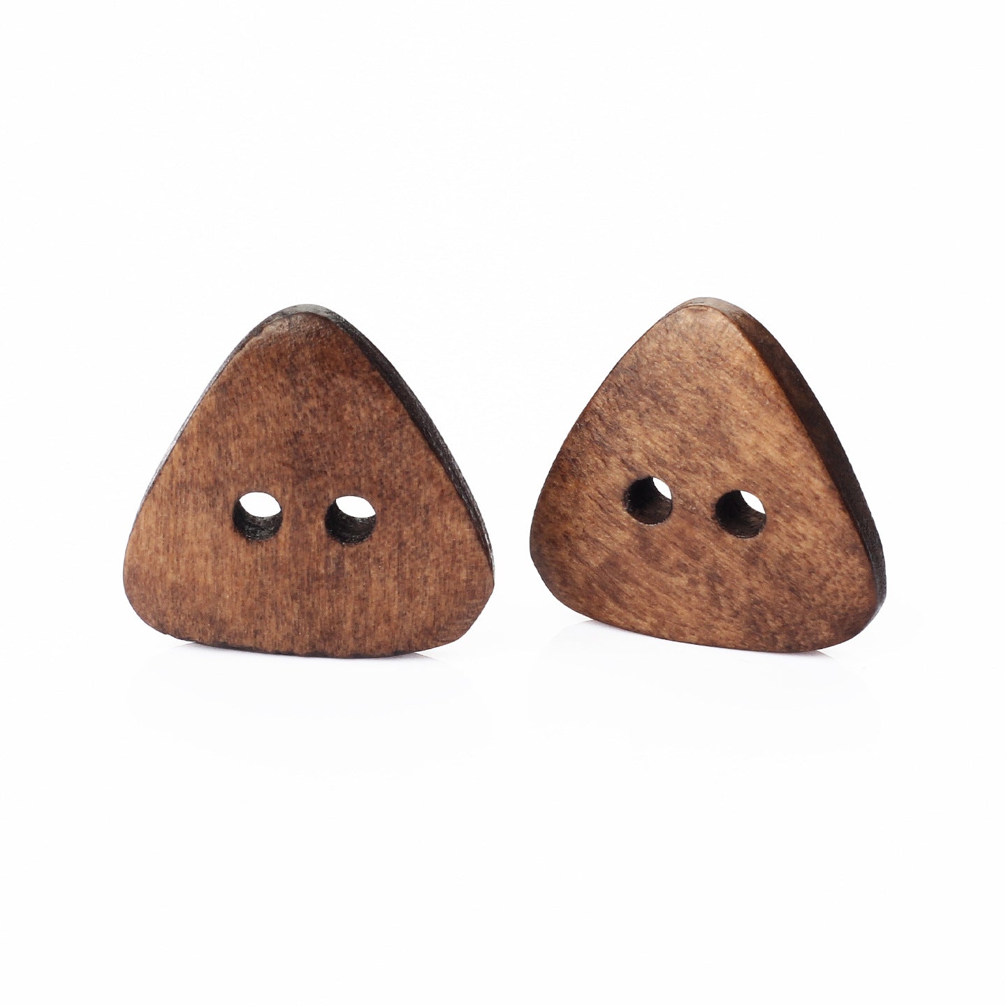 Brown wooden triangle buttons with two holes, pair