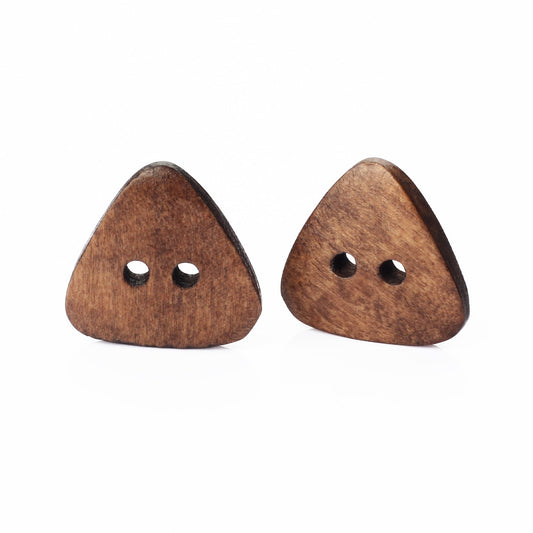 Brown wooden triangle buttons with two holes, pair