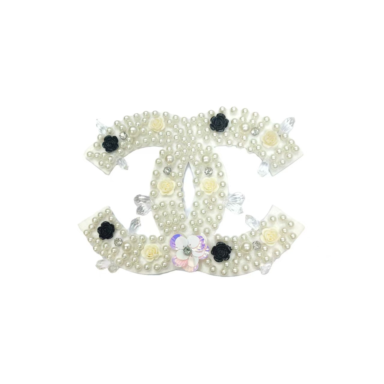 Ivory pearl bow applique with black rosette flowers and small iridescent center