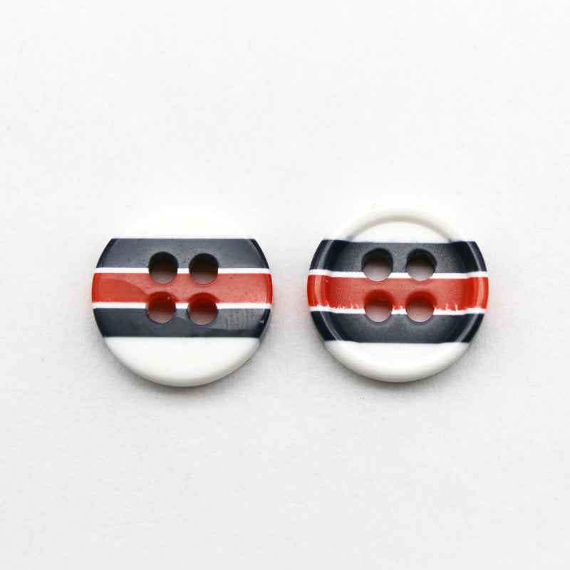 Pair of red, white, and dark striped resin buttons with four holes