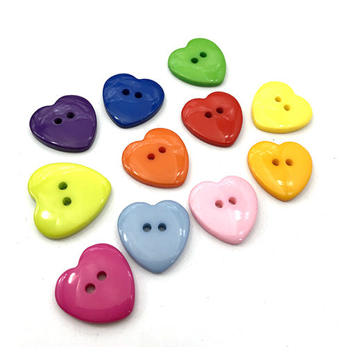 Multicolor resin heart buttons, two-hole faces; lime, blue, red, pink, purple, yellow