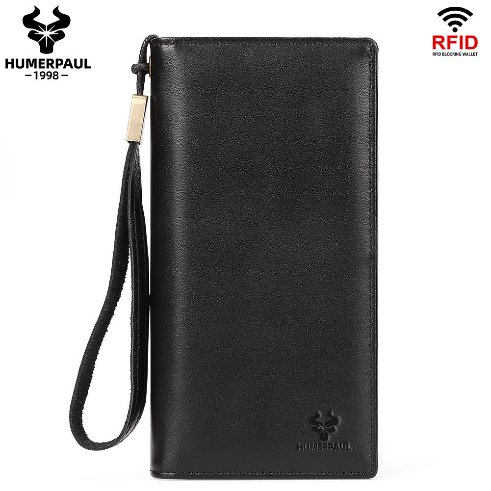 Men's Top Grain Leather Long RFID Blocking Wallet Black