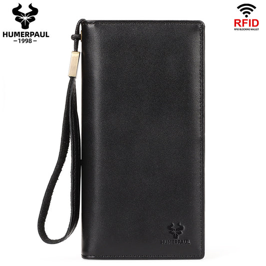 Men's Top Grain Leather Long RFID Blocking Wallet Black