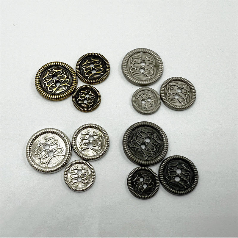 Assorted two-hole metal buttons, floral filigree pattern in mixed silver, gold, and dark tones