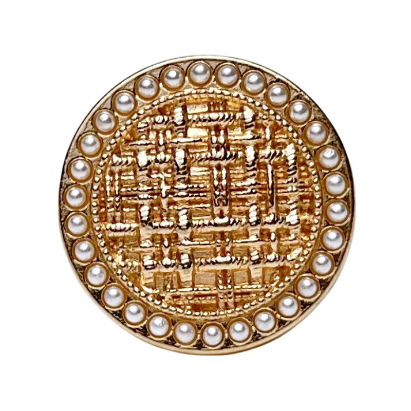 Round pearl-trimmed tweed check button, gold tone, metal shank, 1 piece