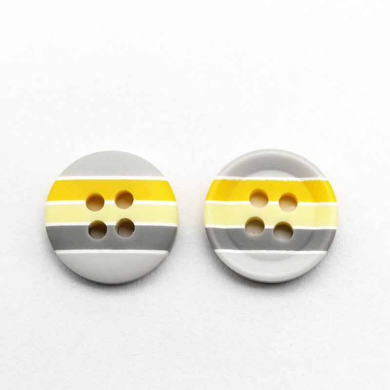 Round resin buttons with yellow and white stripes, four holes, 12.5mm
