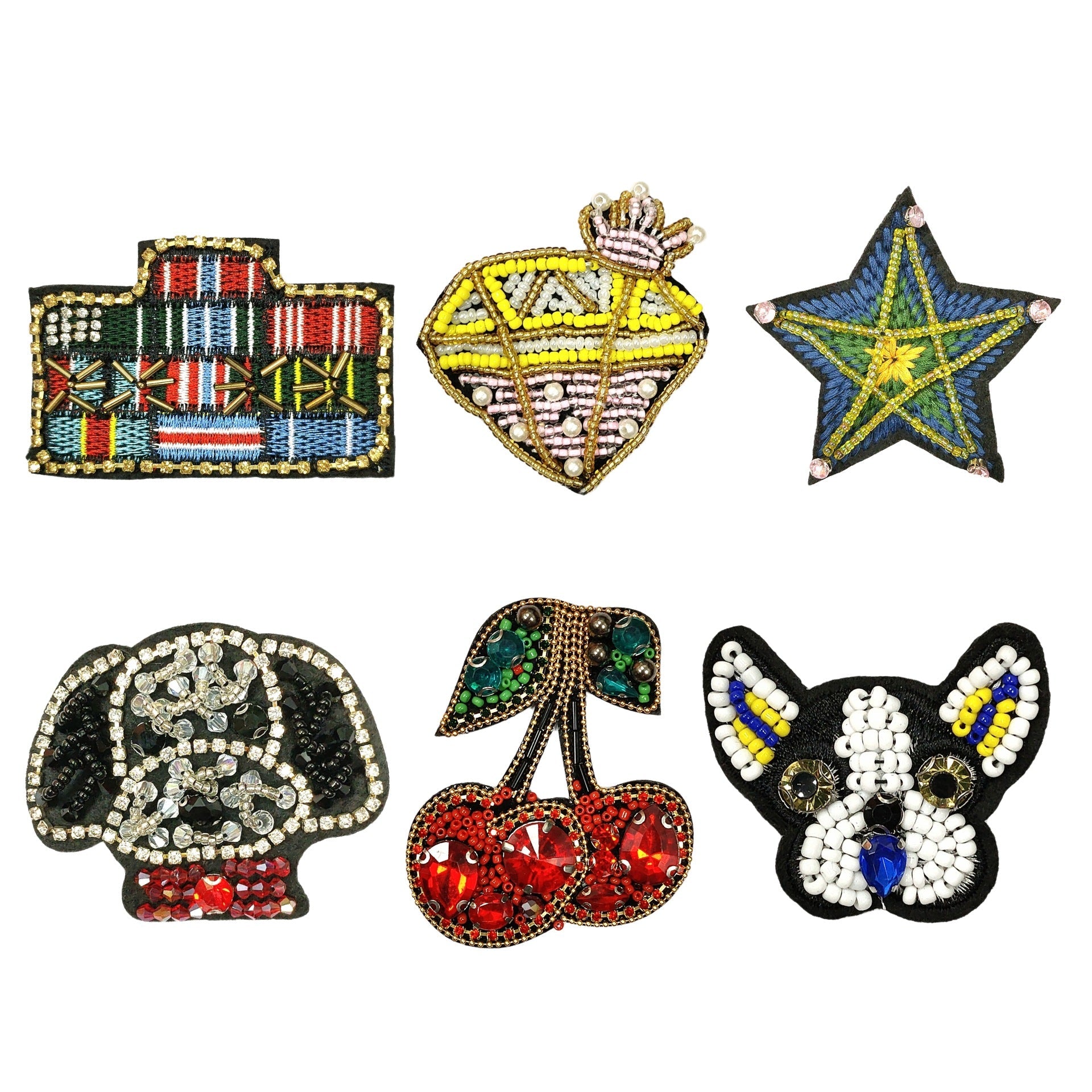 6-pack DIY rhinestone beaded animal appliques: stitched dog, diamond, star, cherries, cat