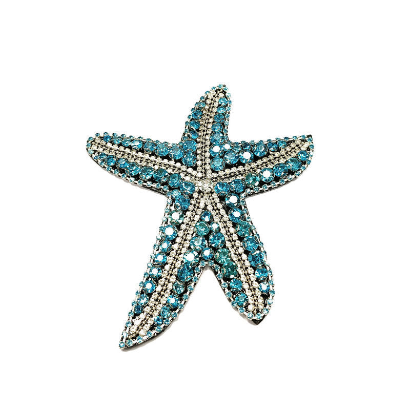 Blue and silver rhinestone starfish embroidered patch, beaded and stitched