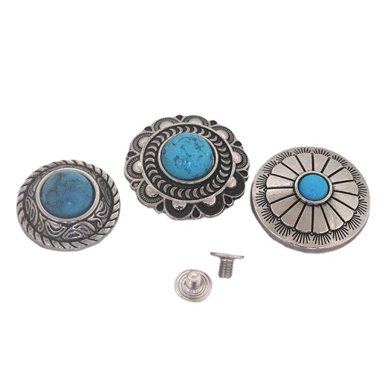 Turquoise metal stud buttons: three ornate round designs with screws