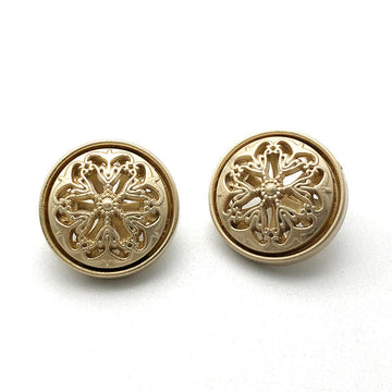 Gold round metal shank buttons with hollow flower pattern, 17mm (two views)