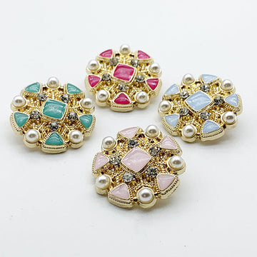 Gold tone round rhinestone shank buttons with pearls and mixed color inlays