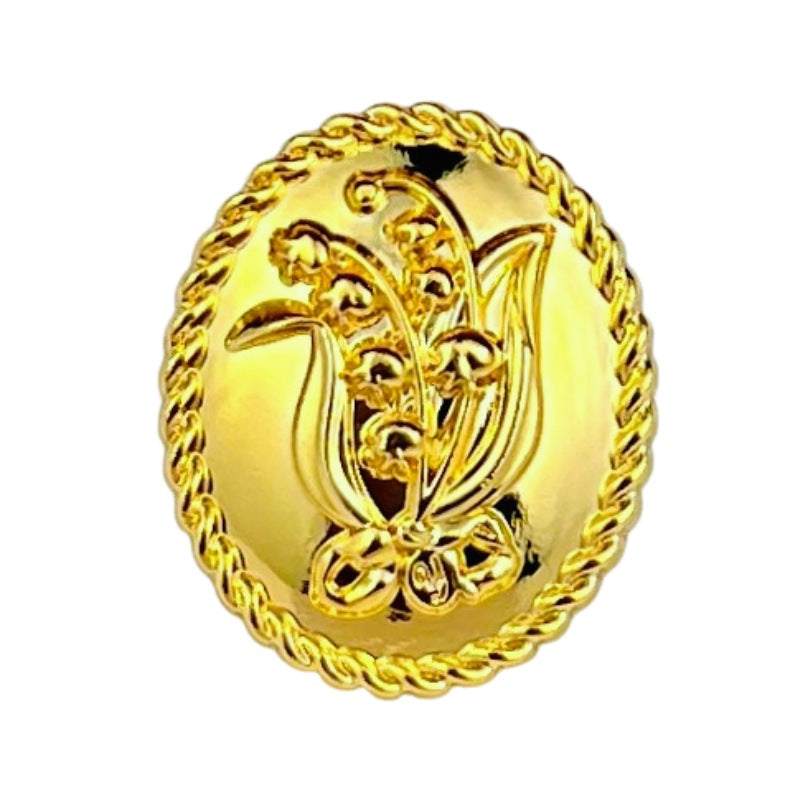Ovaler Metallknopf „Lilie des Tal“ in Tea Gold, 18/23 mm