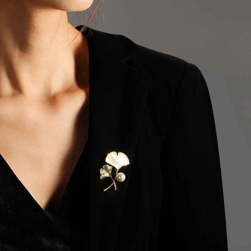Gold ginkgo leaf brooch pin with mother-of-pearl shell and freshwater pearl