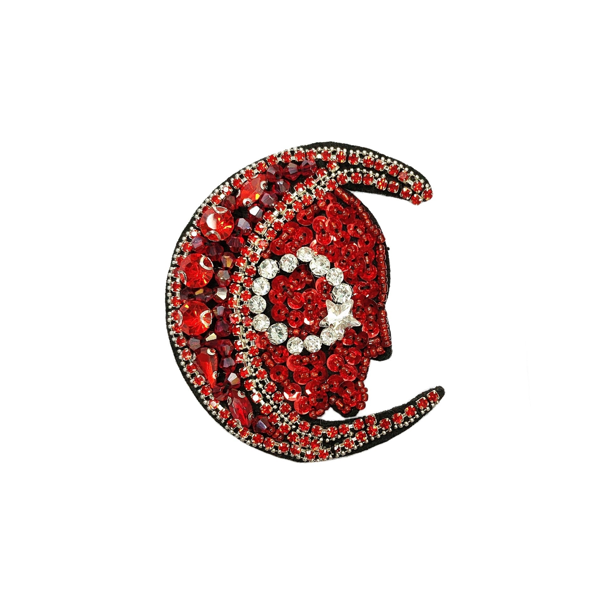 Red beaded moon patch with white gem details and crescent outline