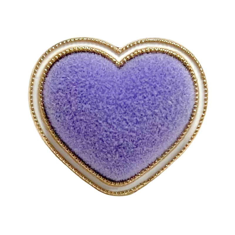 Purple heart metal button, flocked face with gold-tone double border and white edge