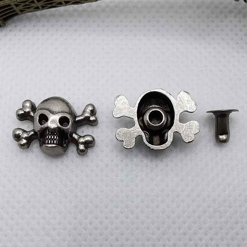 Skull rivets set: skull face top, open back with ring hole, and separate metal post