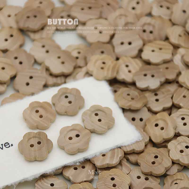 Natural wood flower 2-hole buttons, light tan, multiple pieces