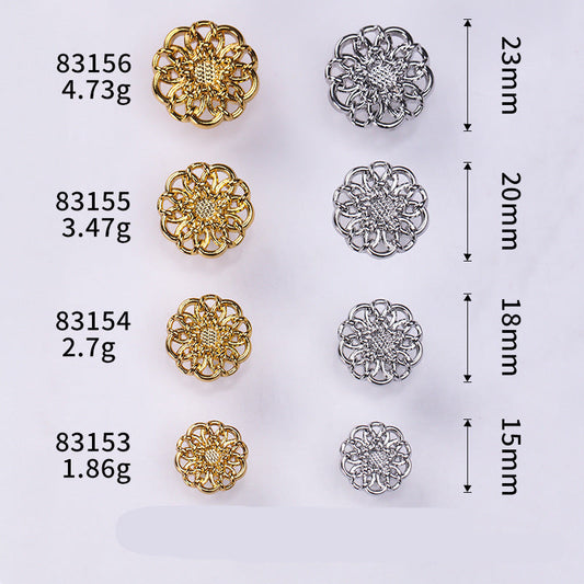 Conjunto de botones metálicos florales: diseños oro y plata con medidas