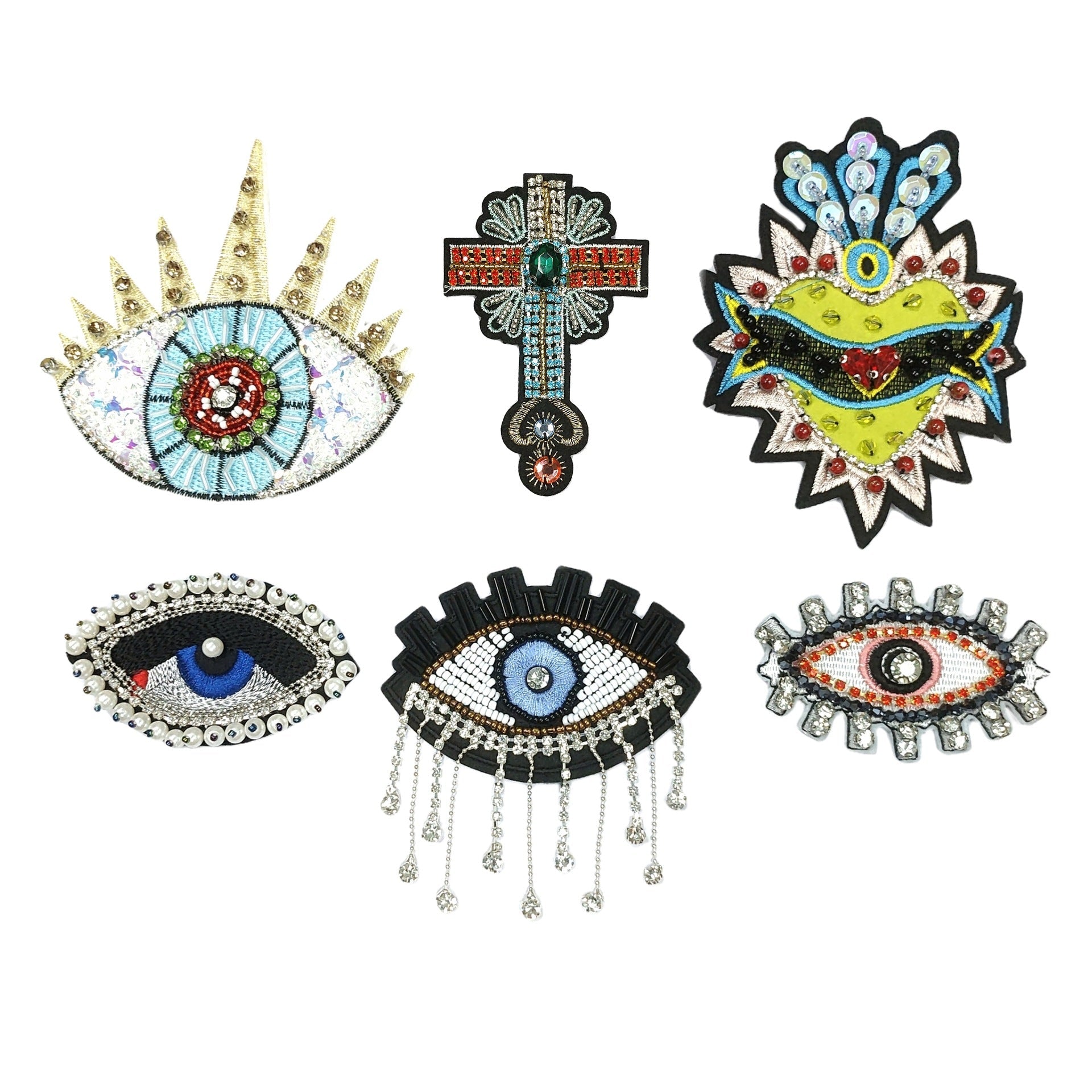 Eye applique patches set (5-pack), assorted beaded eye designs in bright colors
