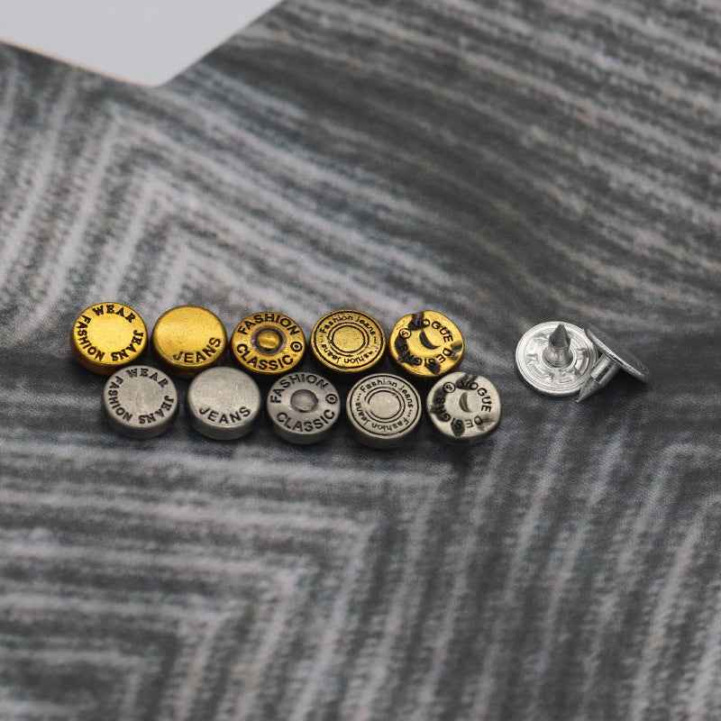 8mm metal rivets with “Jeans” and “Fashion” logo caps in gold, gray, and silver