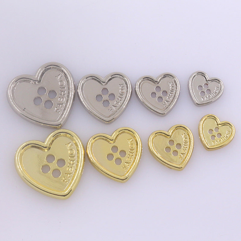 Heart-shaped metal buttons with four holes, gold and silver set for clothing