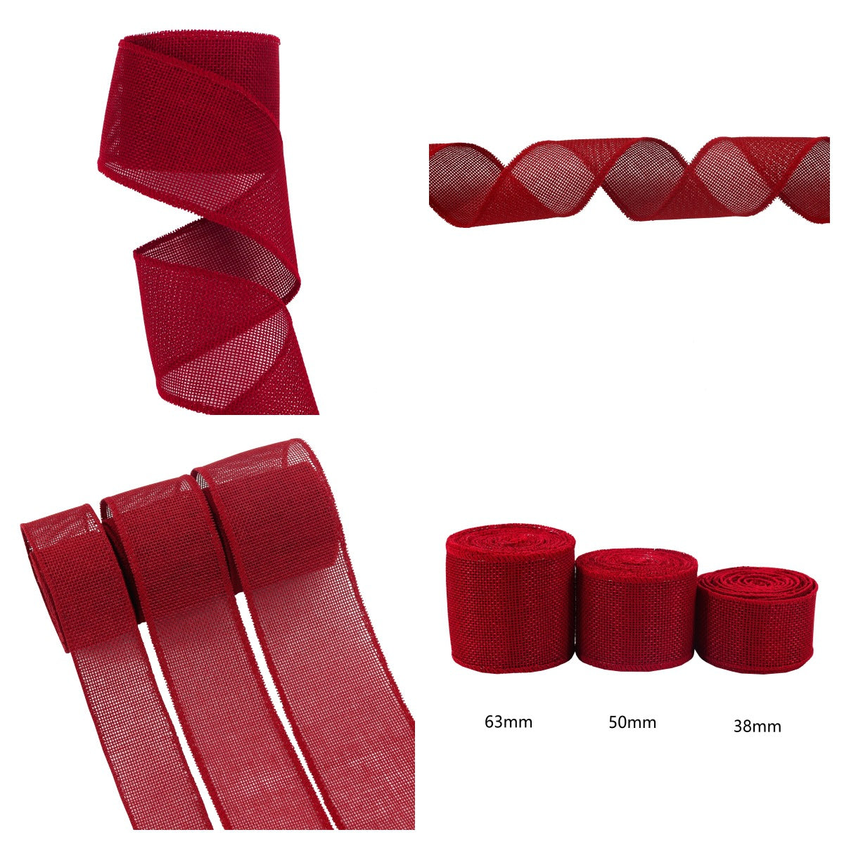 Cinta de algodón para jardinería, pack de 3, rojo oscuro, rollos 38/50/63 mm