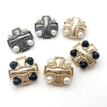 Cross sewing buttons with pearl accents—gold, gunmetal, and black—12 pcs