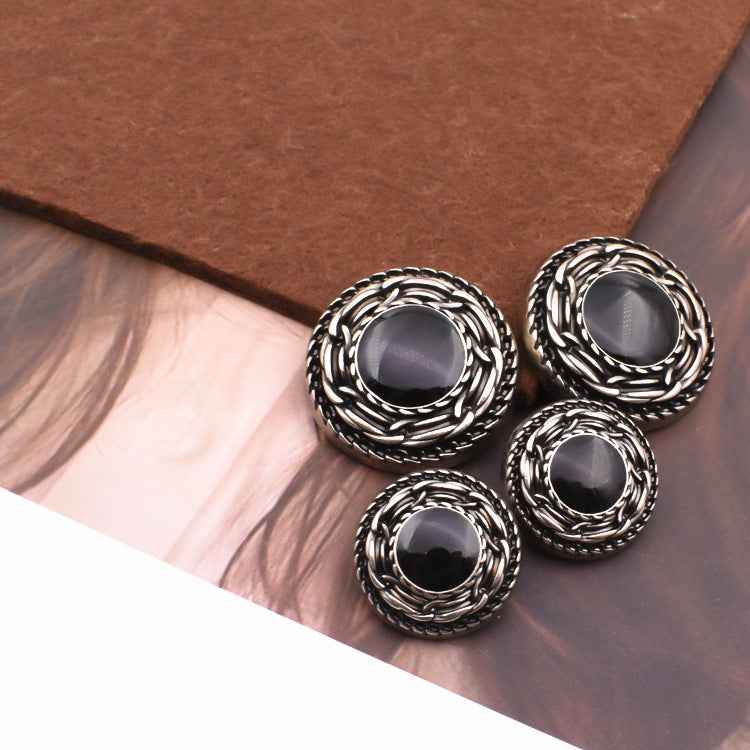 Black distressed metal shank buttons with braided rim, 18–25mm, pack shown