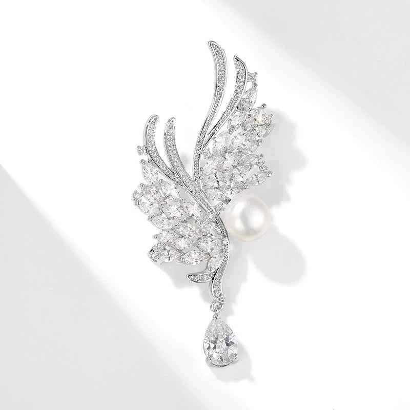 Natural pearl zircon silver wing brooch pin with white pearl drop