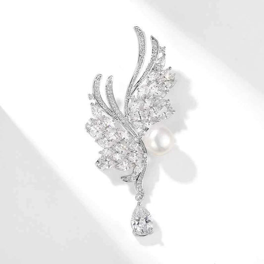 Natural Pearl Zircon Silver Wing Metal Brooch Pin Silver White