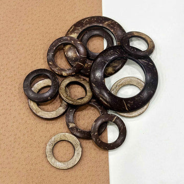 Natural coconut shell ring buttons, dark brown/black set with circular holes