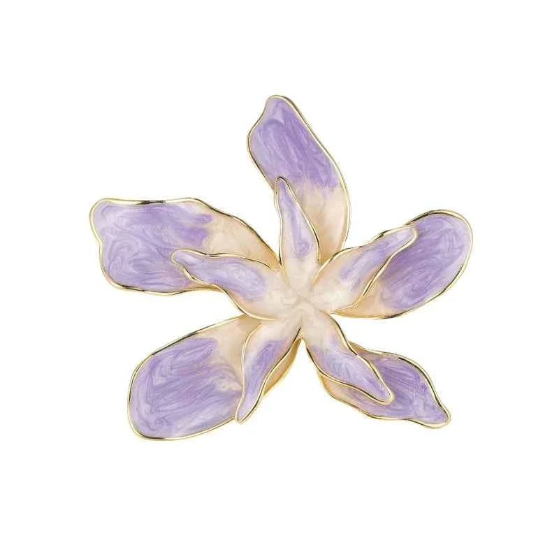 Purple gold orchid brooch pin with five lilac petals and gold outlines