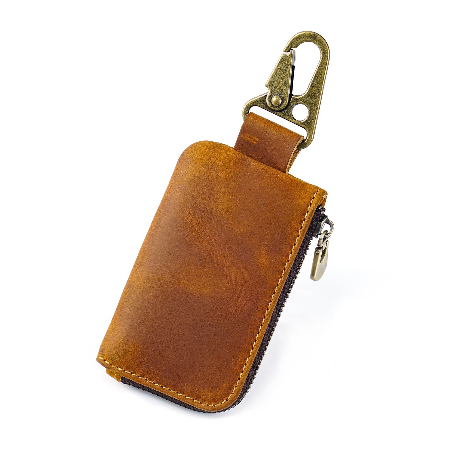 Leather Mini Coin Pouch with Keychain - Men's Belt Clip Zipper Pouch Brown
