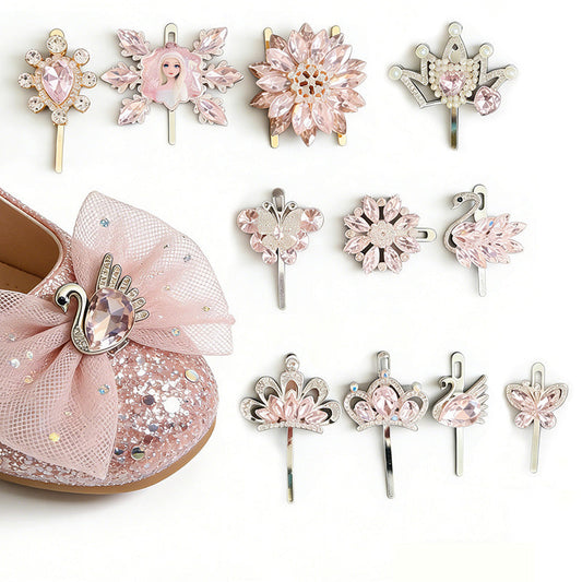 Pink Girls Princess Shoe Buckles Flower Rhinestone Clips 11-Pack