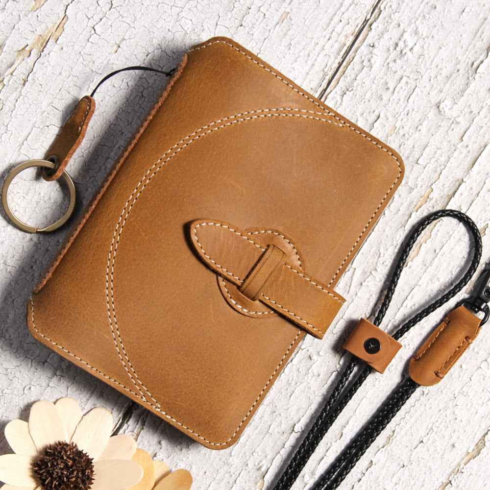 Leather Passport Wallet with AirTag Finger Ring Neck Strap